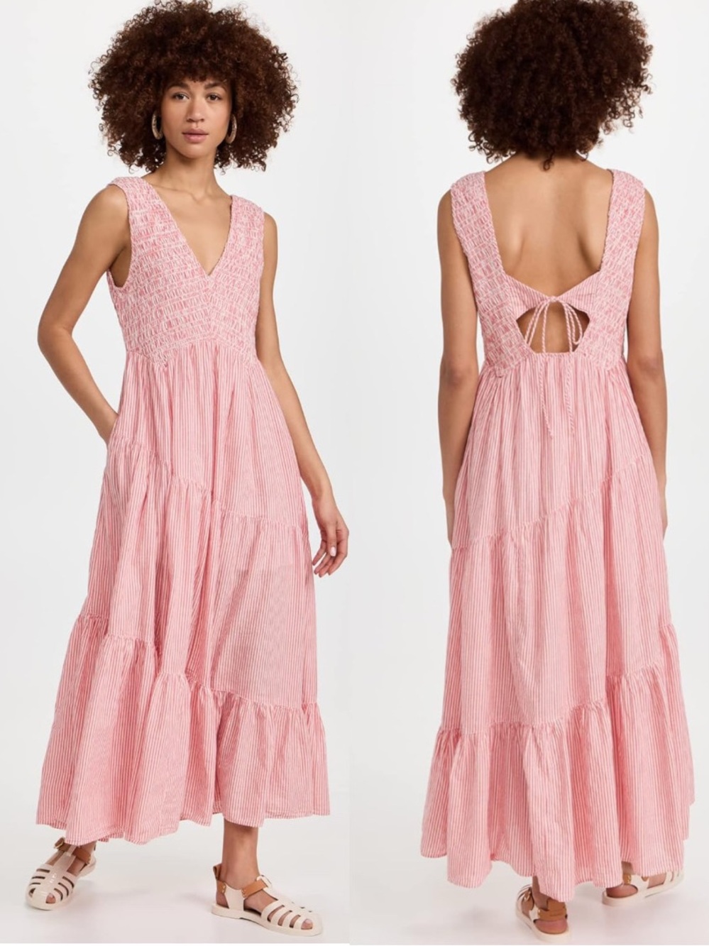 Free People || Juno Smocked Tiered Maxi Dress Open Back Guava Stripe Red XS